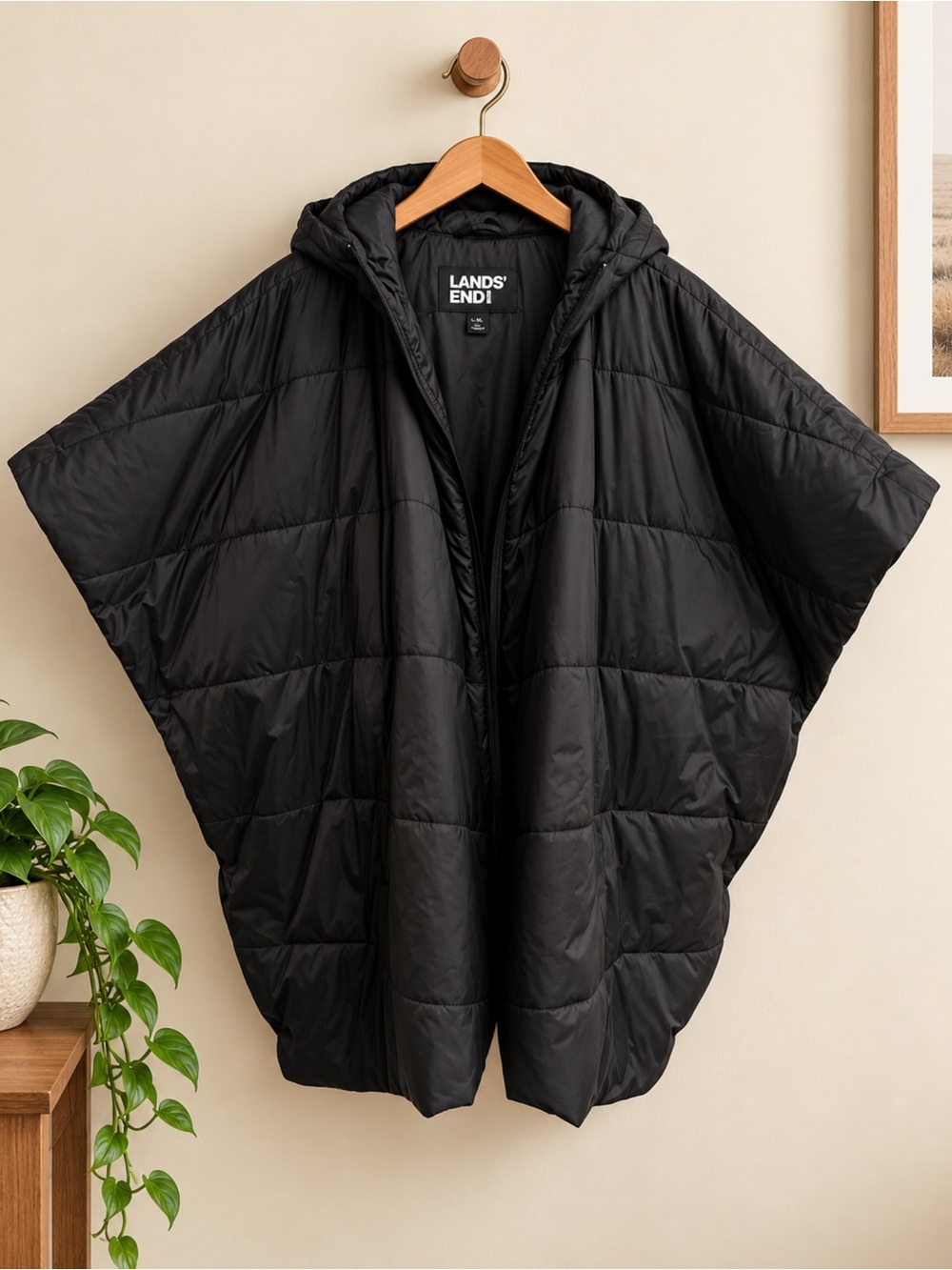 Lands' End Black Hooded Quilted Puffer Poncho